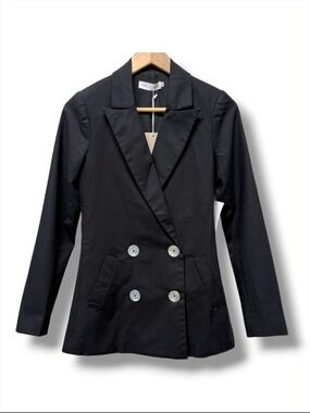The Fated Linen Blend Blazer Jacket Double Breasted Black Pockets Size 2 NWT